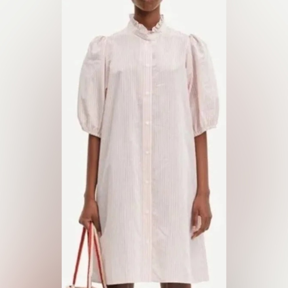 Women's Light Pink Striped Puff-Sleeve Shirt Dress